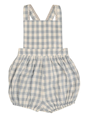 Belati kids spring summer gingham romper for boys and girls with lace trim on the straps.