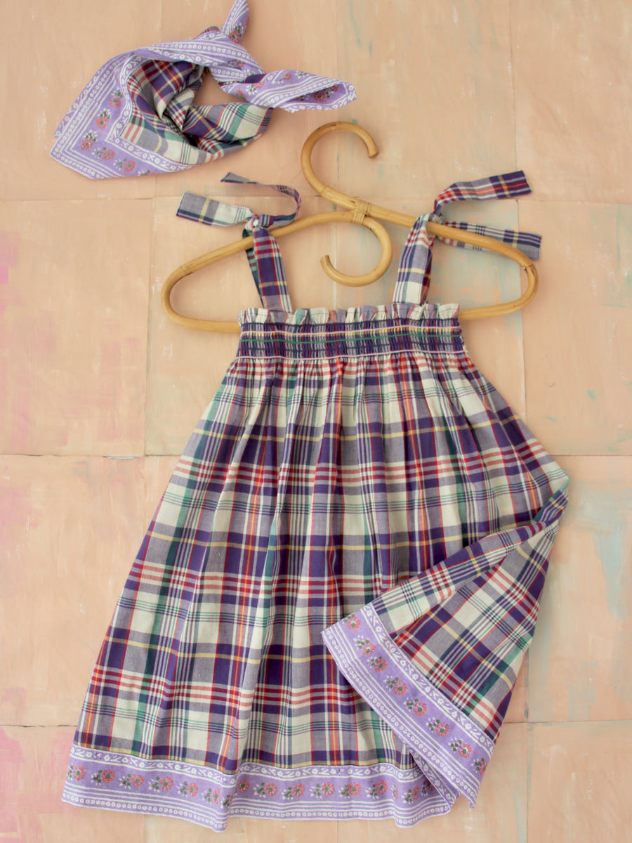 Skirt Dress With Scarf - Purple Check