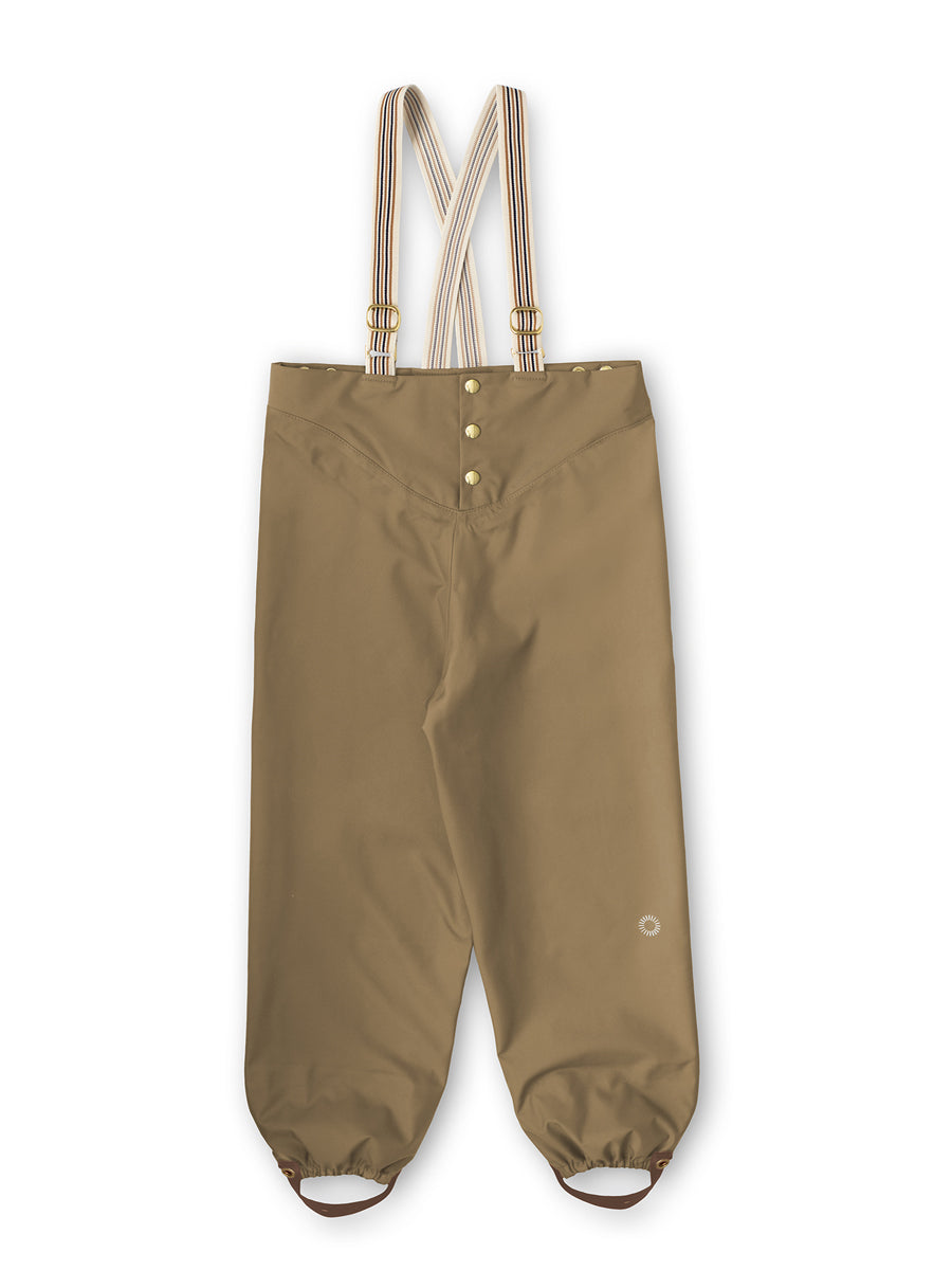 Faire Child Rain Pants In Morel With Straps and Brass Snaps