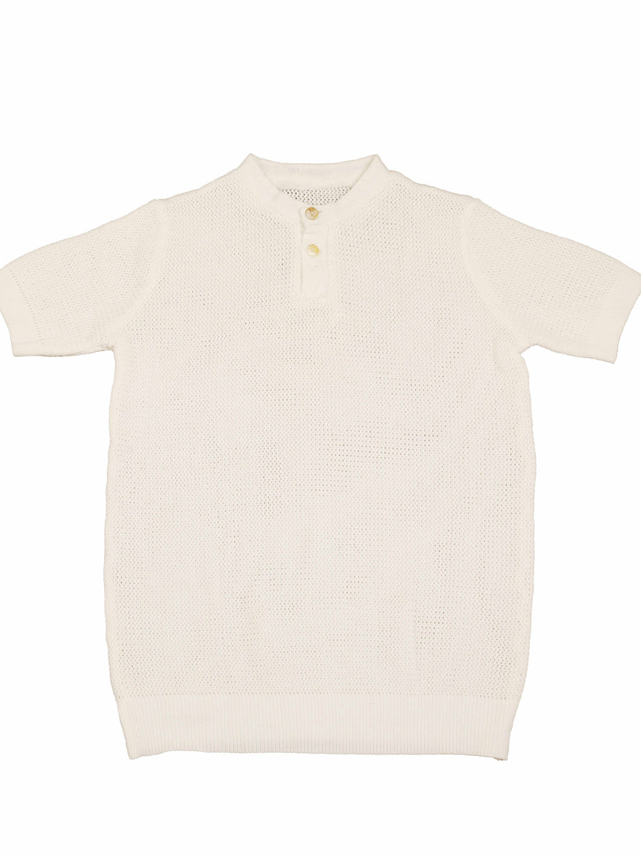 Noma Textured Knit Top With Woven Neck And Placket In Ivory 