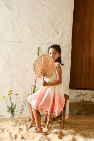 Skirt Dress With Scarf - Dip Dye Ecru Gold Dot In Pink