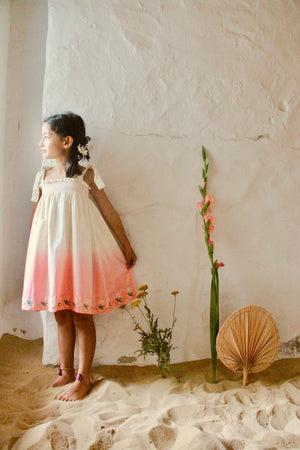 Skirt Dress With Scarf - Dip Dye Ecru Gold Dot In Pink