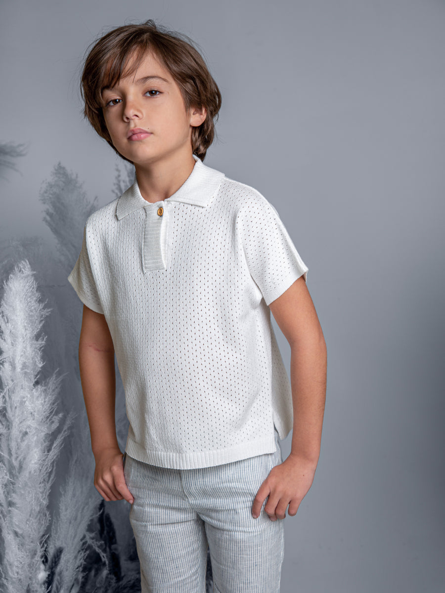 Belati kids boxy pointelle knit shirt with single button closure for boys and girls in ivory