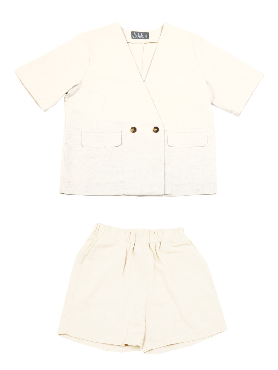 Belati kids spring summer double breasted shirt with shorts in Ivory.