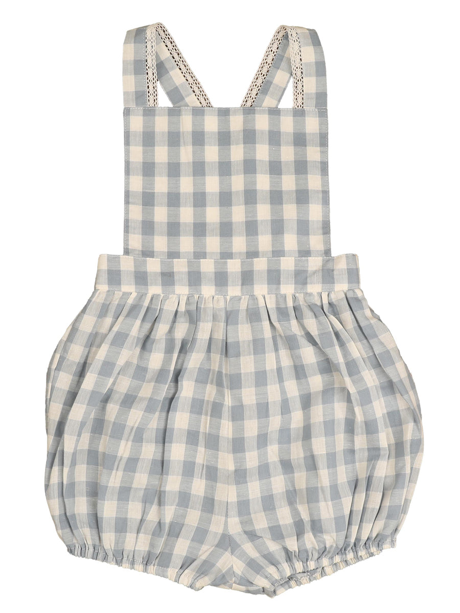 Belati kids spring summer gingham romper for boys and girls with lace trim on the straps.