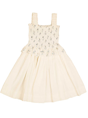 Beautiful Belati spring summer dress for girls in Ivory. Includes a smocked top with flared bottom and elasticated straps.