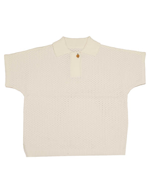 Belati kids boxy pointelle knit shirt with single button closure for boys and girls in ivory.