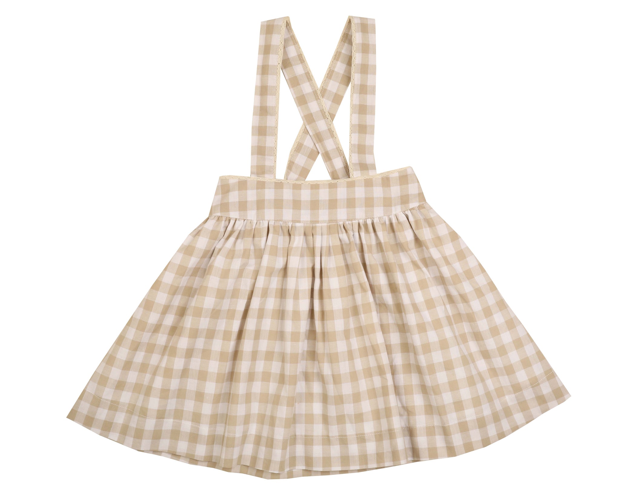 Lace Trim Pinafore Dress - Beige Gingham Sage Kids Lace Trim Pinafore Dress - Beige Gingham Sage Kids