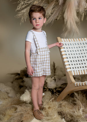 Pleated Overalls - Beige Gingham