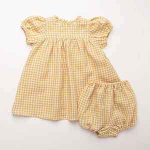 Nellie Quats Baby Girl Cats Cradle Dress Set In Hay Check Linen.