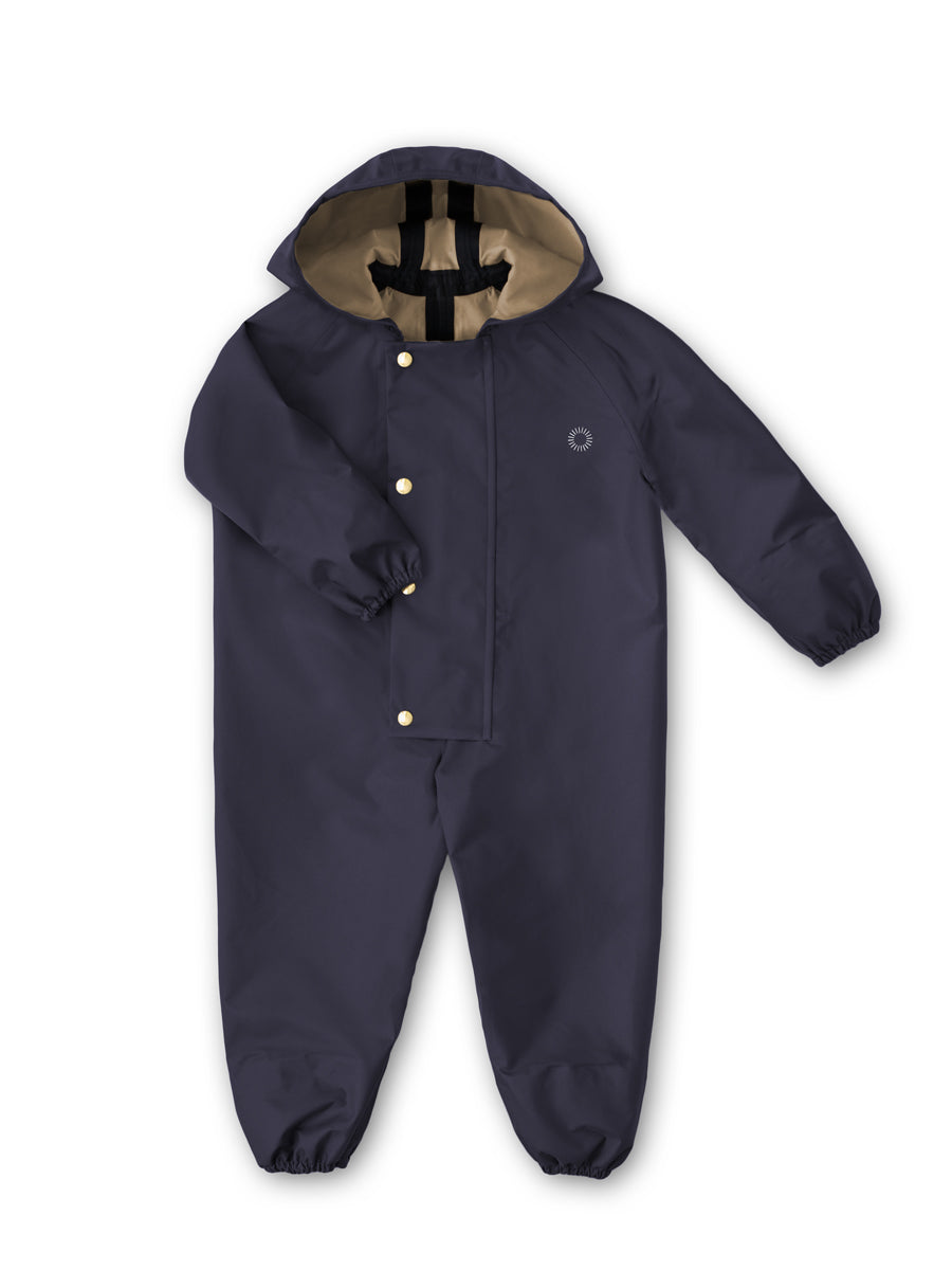 Faire Child Onesie In False Indigo With Chest Flap, Hood and Brass Snaps