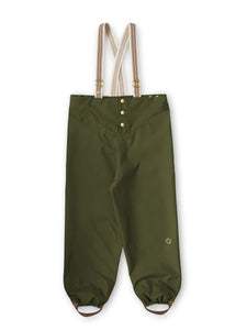 Faire Child Rain Pants in Spruce Green and Overall Straps.