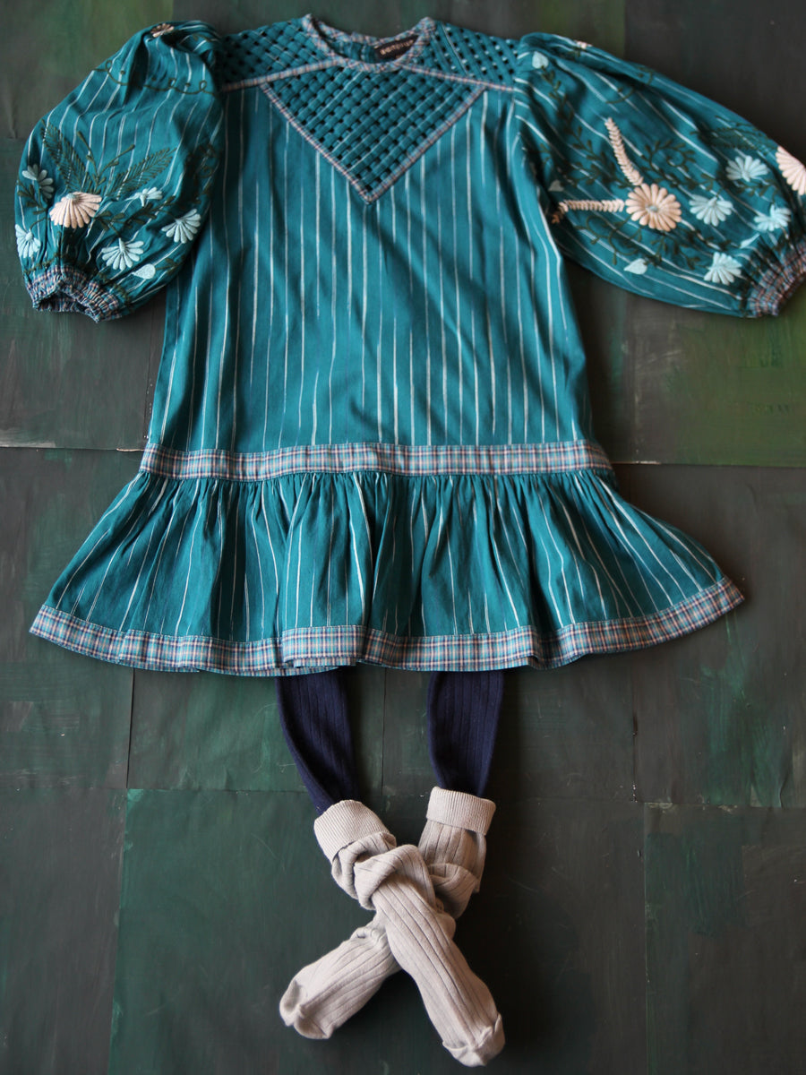 Folk Dress With Braid Top & Embroidery - Ikat Blue