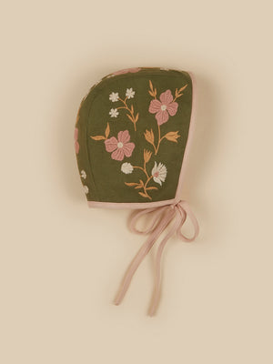 Apolina embroidered bonnet in moss green