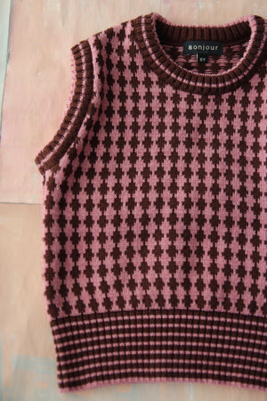 Knitted Vest - Brown Pink Diamond