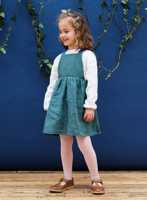 Conkers Pinafore - Forest Green Linen Sage Kids Conkers Pinafore - Forest Green Linen Sage Kids