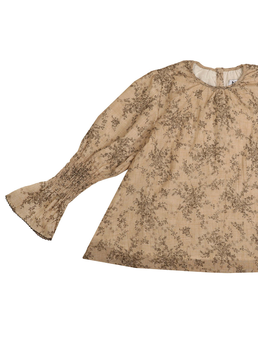 Noma Floral Print Top With Embroidered Edge And Smocked Wrist.