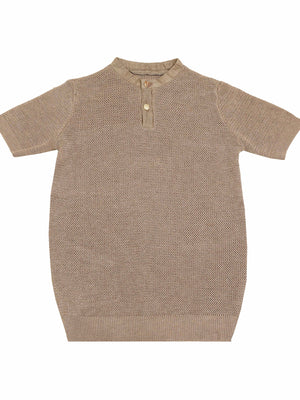 Noma Textured Knit Top With Woven Neck And Placket In Brown