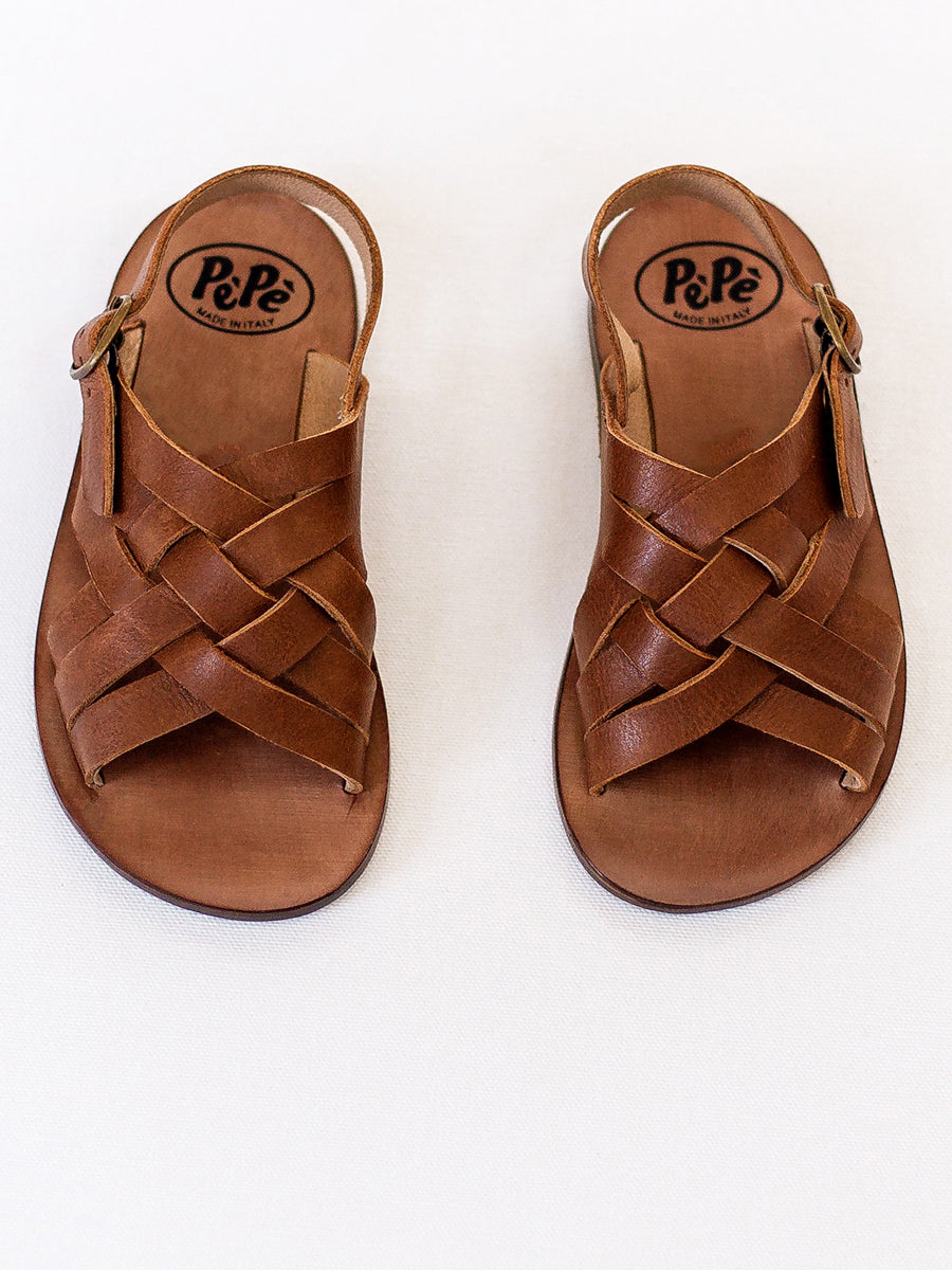 Pepe leather sandals in Kava Brown with back heel strap and side buckle.