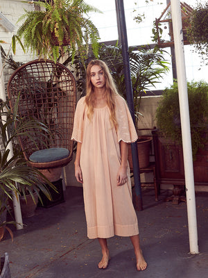 Women's nightgown by Faune with embroidered butterfly sleeves and round neckline.