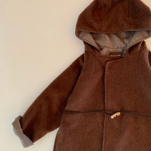 Unisex kids brown wool coat with hood and button waist belt.