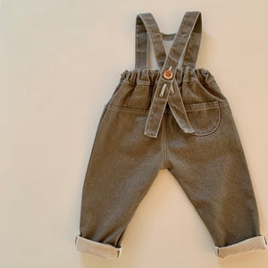 Hello Lupo beige denim jeans with overall straps, pockets and drawstring waist for kids